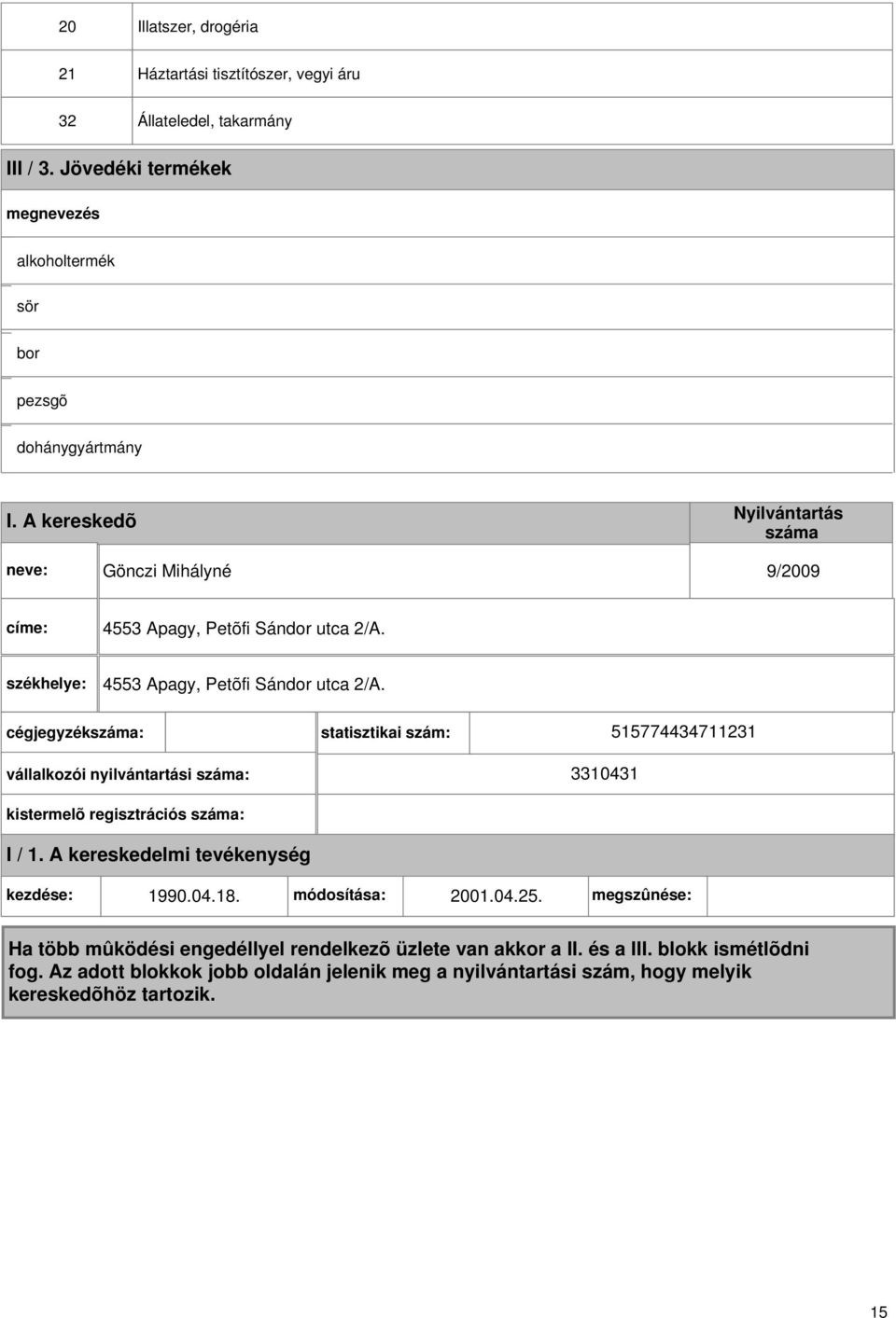A kereskedõ Gönczi Mihályné 9/009 címe: 4553 Apagy, Petõfi Sándor utca /A.