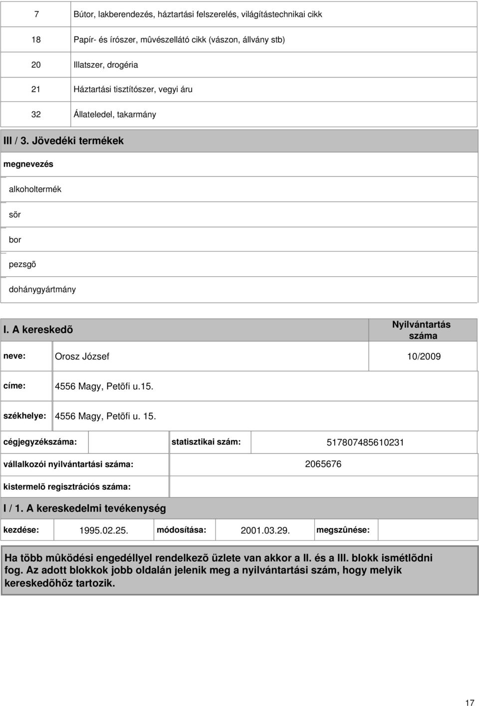 Jövedéki termékek alkoholtermék sör bor pezsgõ dohánygyártmány I. A kereskedõ Orosz József 10/009 címe: 4556 Magy, Petõfi u.15.