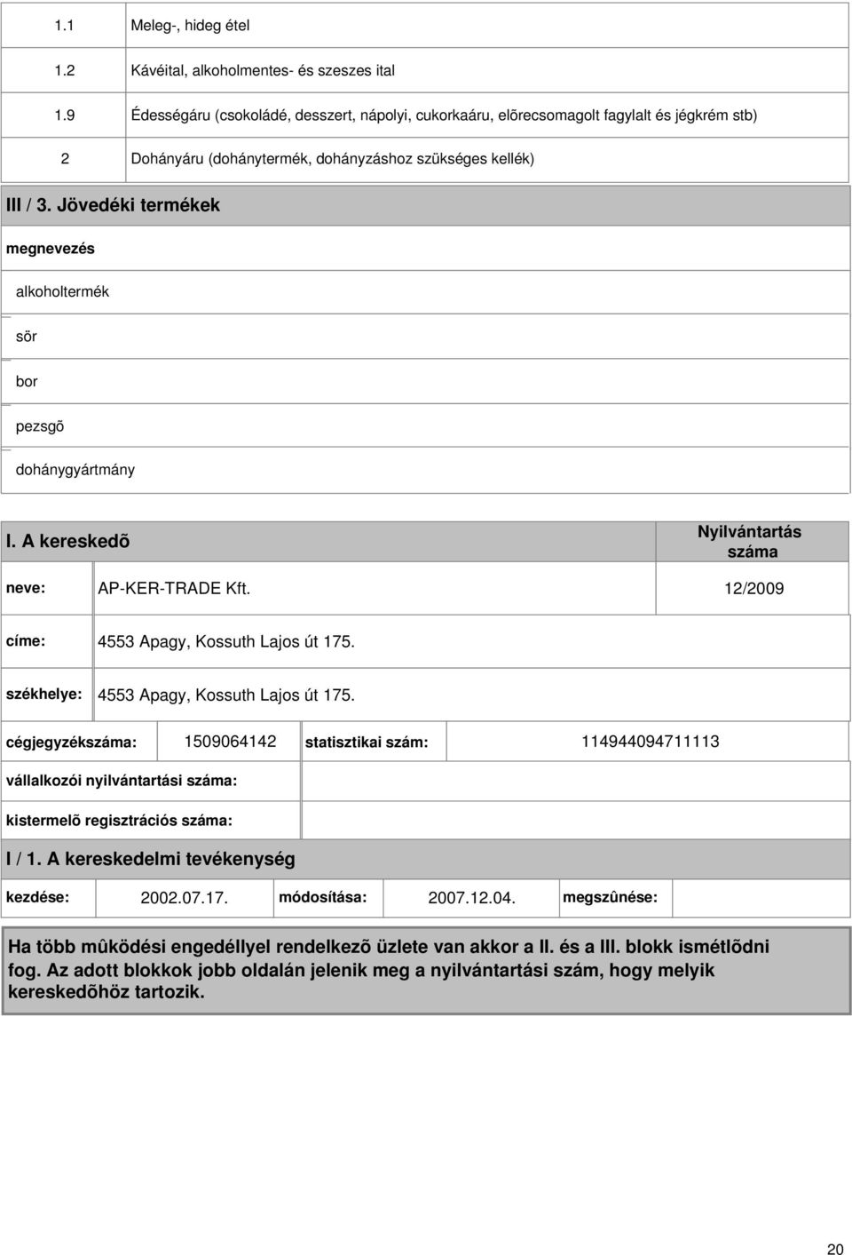 szükséges kellék) III / 3. Jövedéki termékek alkoholtermék sör bor pezsgõ dohánygyártmány I. A kereskedõ AP-KER-TRADE Kft.