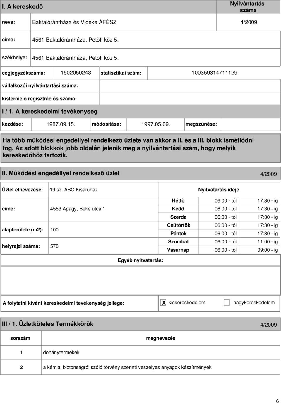Mûködési engedéllyel rendelkezõ üzlet 4/009 19.sz. ÁBC Kisáruház címe: 4553 Apagy, Béke utca 1.