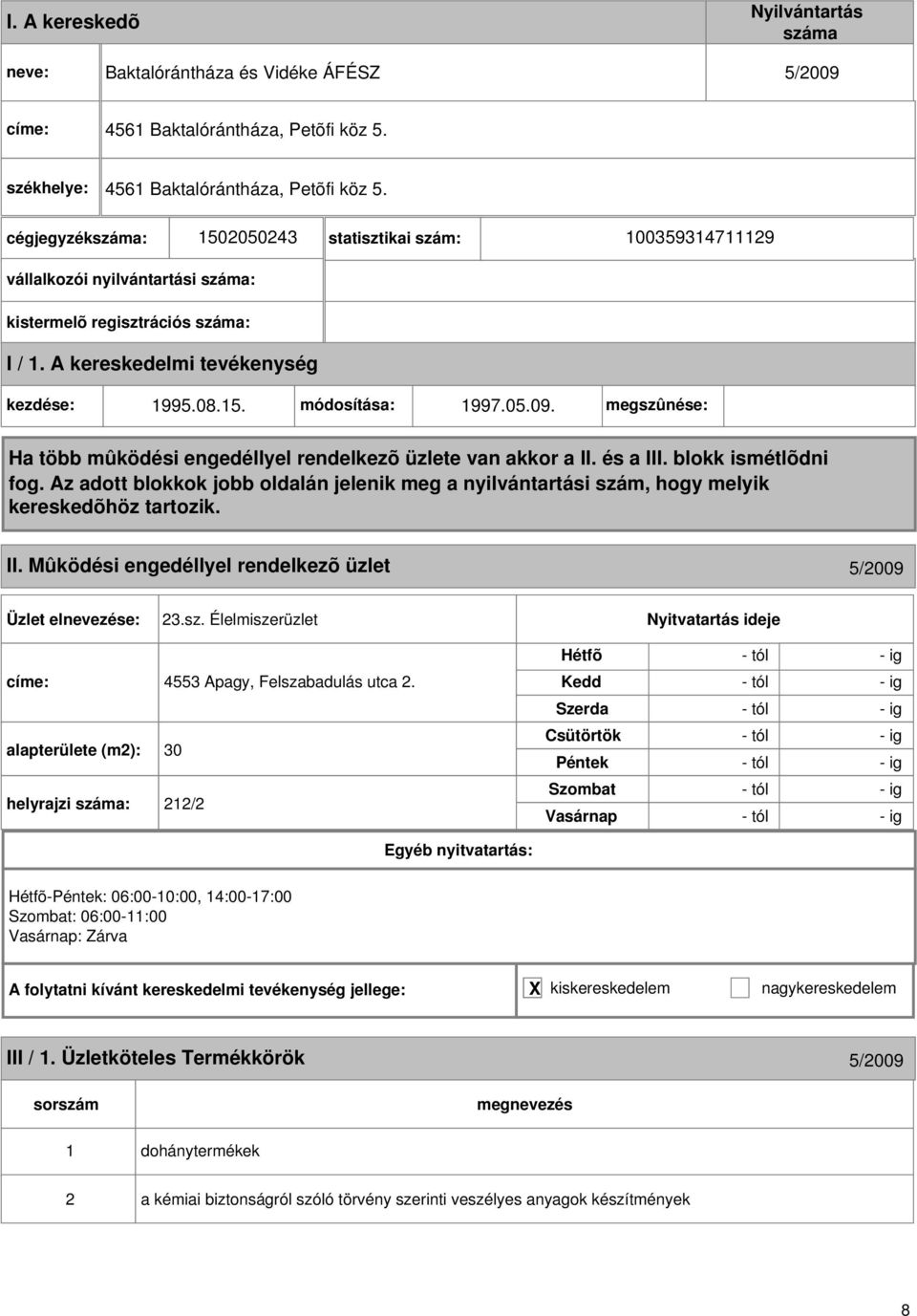 05.09. megszûnése: II. Mûködési engedéllyel rendelkezõ üzlet 5/009 3.sz. Élelmiszerüzlet címe: 4553 Apagy, Felszabadulás utca.