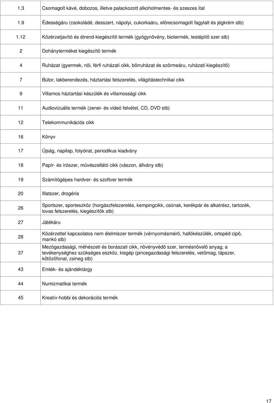 ruházati kiegészítõ) 7 9 Bútor, lakberendezés, háztartási felszerelés, világítástechnikai cikk Villamos háztartási készülék és villamossági cikk 11 Audiovizuális termék (zenei- és videó felvétel, CD,