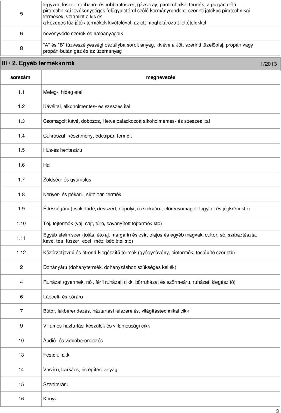 Jöt. szerinti tüzelõolaj, propán vagy propán-bután gáz és az üzemanyag III /. Egyéb termékkörök 1/013 sorszám 1.1 1. Meleg-, hideg étel Kávéital, alkoholmentes- és szeszes ital 1.