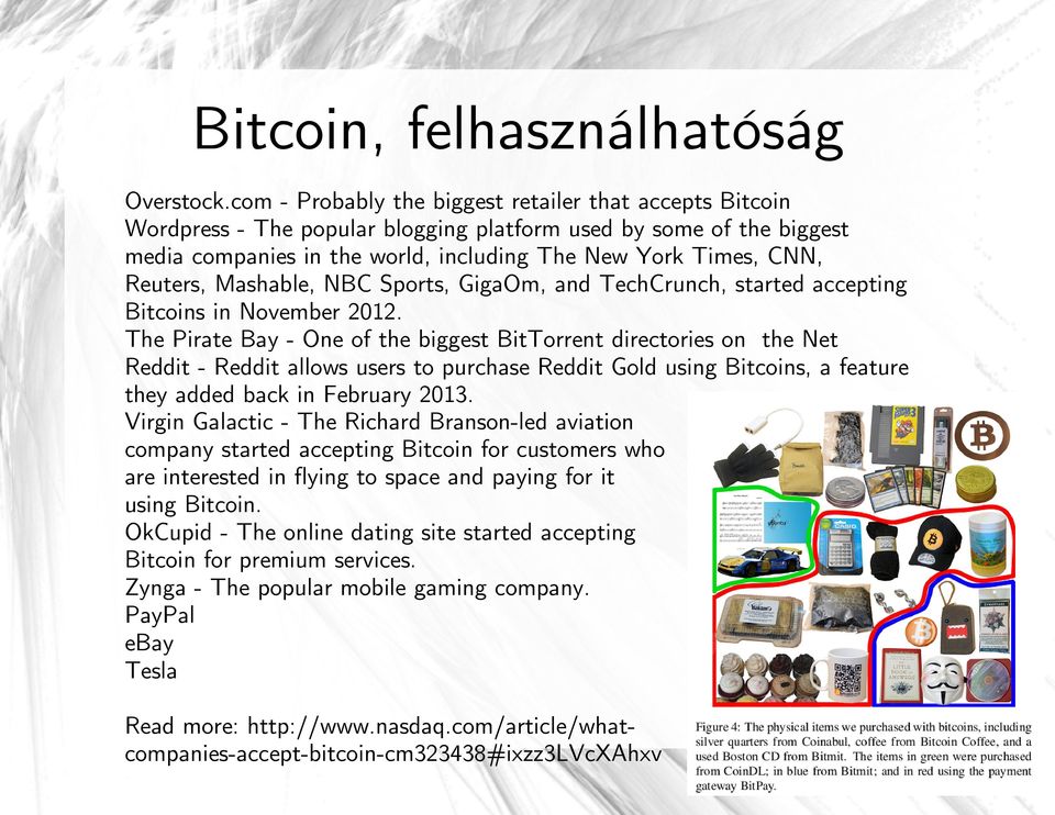 Reuters, Mashable, NBC Sports, GigaOm, and TechCrunch, started accepting Bitcoins in November 2012.