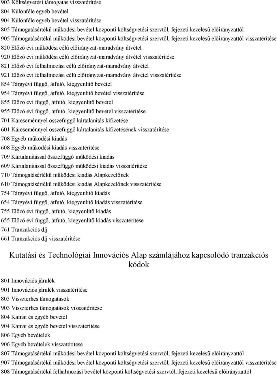 920 Előző évi működési célú előirányzat-maradvány átvétel visszatérítése 821 Előző évi felhalmozási célú előirányzat-maradvány átvétel 921 Előző évi felhalmozási célú előirányzat-maradvány átvétel