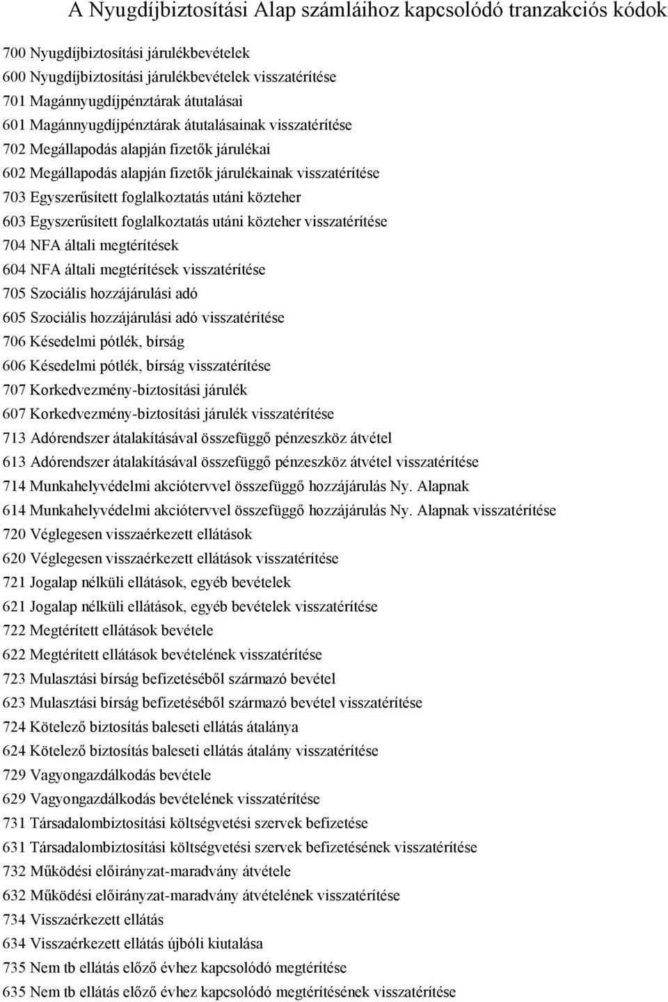 közteher 603 Egyszerűsített foglalkoztatás utáni közteher visszatérítése 704 NFA általi megtérítések 604 NFA általi megtérítések visszatérítése 705 Szociális hozzájárulási adó 605 Szociális