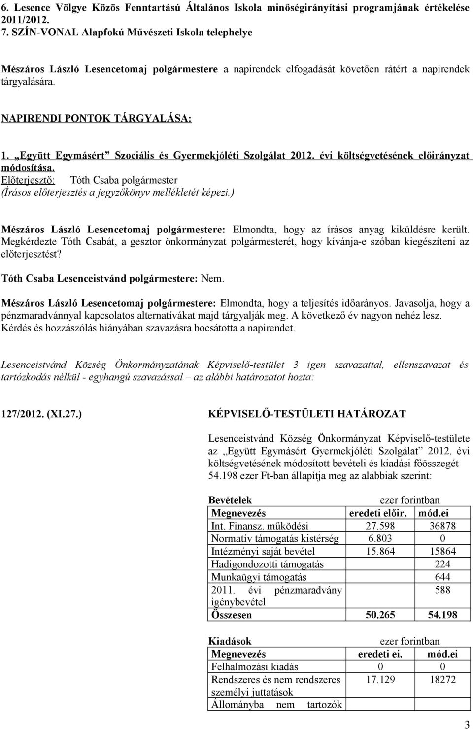 Együtt Egymásért Szociális és Gyermekjóléti Szolgálat 2012. évi költségvetésének előirányzat módosítása. Előterjesztő: Tóth Csaba polgármester (Írásos előterjesztés a jegyzőkönyv mellékletét képezi.