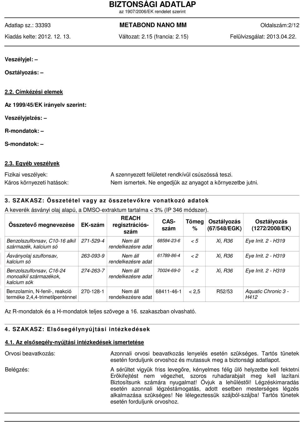 S Z AK AS Z : Ö s s z e t é t e l v a g y a z ö s s z e t e v ő k r e v o n a t k o z ó a d a t o k A keverék ásványi olaj alapú, a DMSO-extraktum tartalma < 3% (IP 346 módszer).