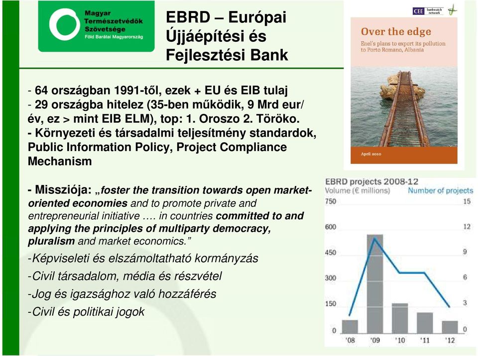 - Környezeti és társadalmi teljesítmény standardok, Public Information Policy, Project Compliance Mechanism - Missziója: foster the transition towards open marketoriented