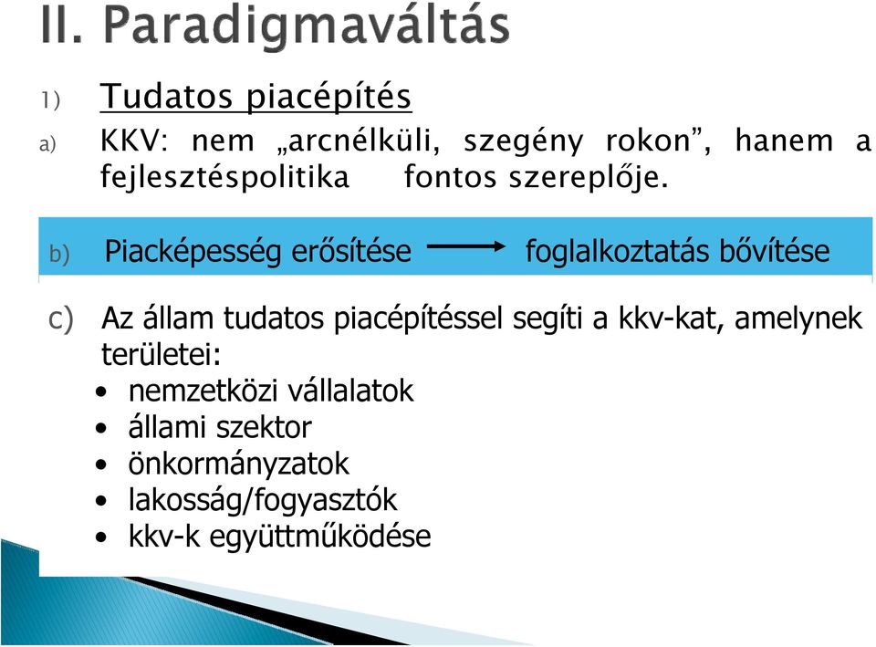 b) Piacképesség erősítése foglalkoztatás bővítése c) Az állam tudatos