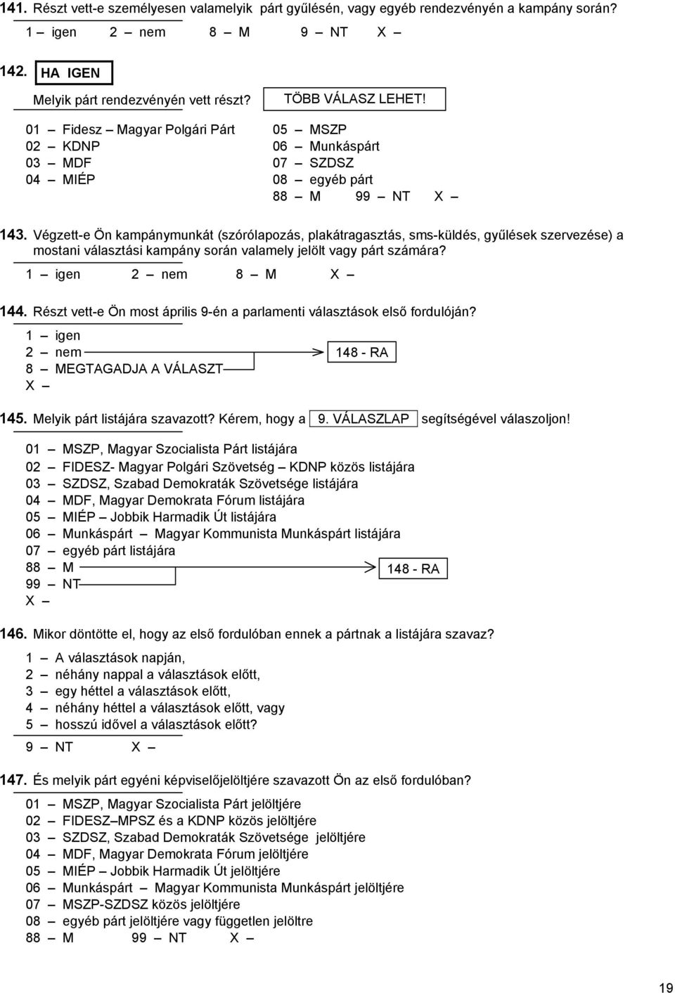 Végzett-e Ön kampánymunkát (szórólapozás, plakátragasztás, sms-küldés, gyűlések szervezése) a mostani választási kampány során valamely jelölt vagy párt számára? 1 igen 2 nem 8 M 144.