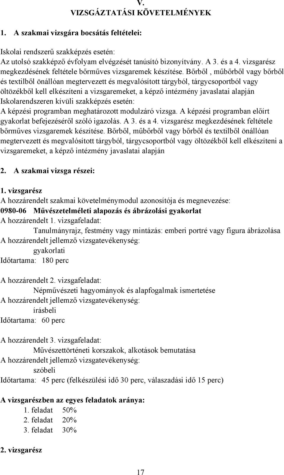 őrből, műbőrből vagy bőrből és textilből önállóan megtervezett és megvalósított tárgyból, tárgycsoportból vagy öltözékből kell elkészíteni a vizsgaremeket, a képző intézmény javaslatai alapján