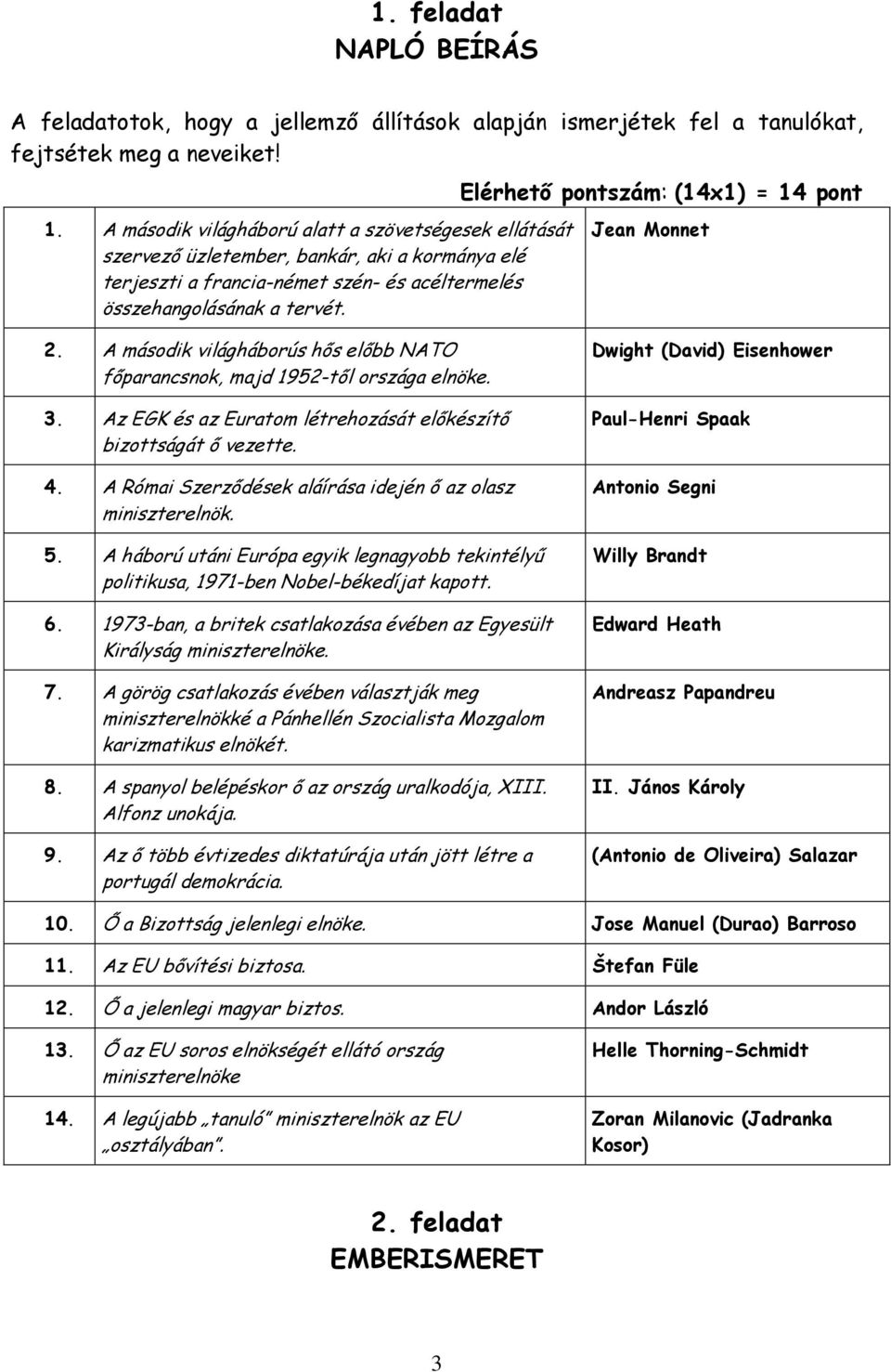 Elérhető pontszám: (14x1) = 14 pont Jean Monnet 2. A második világháborús hős előbb NATO főparancsnok, majd 1952-től országa elnöke. 3.