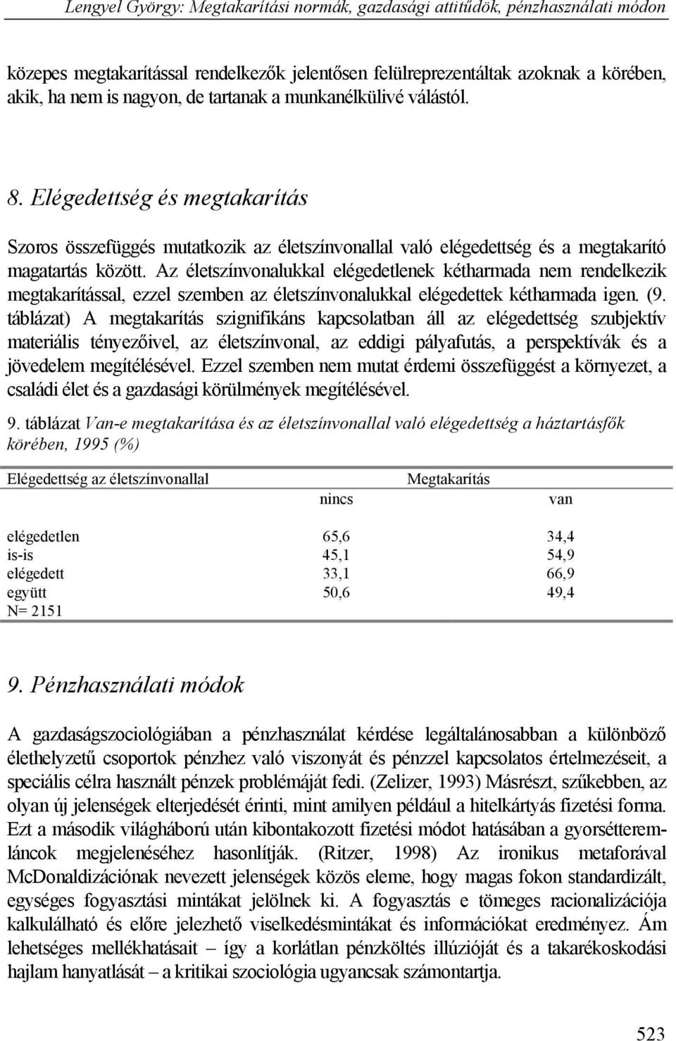 Az életszínvonalukkal elégedetlenek kétharmada nem rendelkezik megtakarítással, ezzel szemben az életszínvonalukkal elégedettek kétharmada igen. (9.