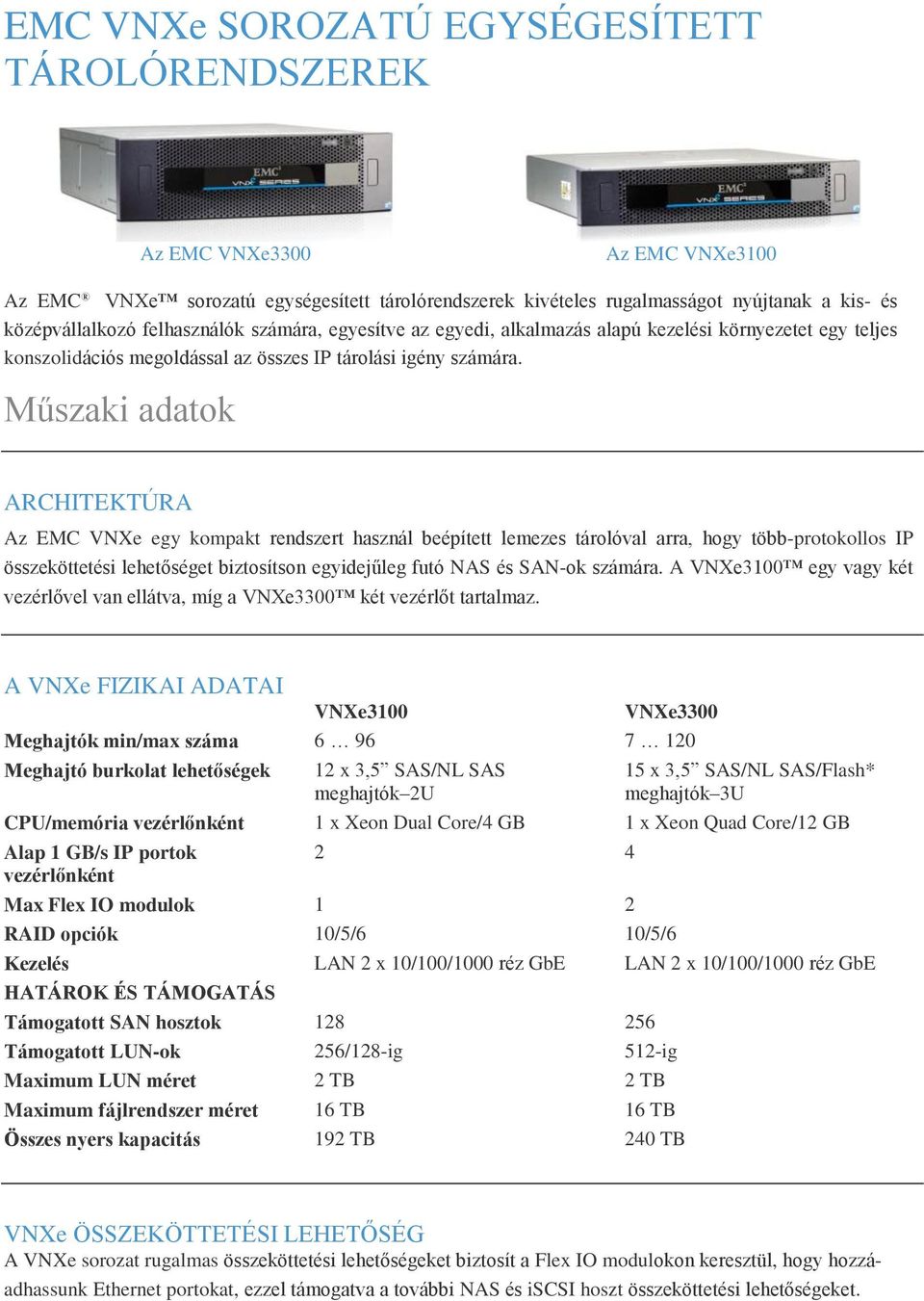 Műszaki adatok ARCHITEKTÚRA Az EMC VNXe egy kompakt rendszert használ beépített lemezes tárolóval arra, hogy több-protokollos IP összeköttetési lehetőséget biztosítson egyidejűleg futó NAS és SAN-ok