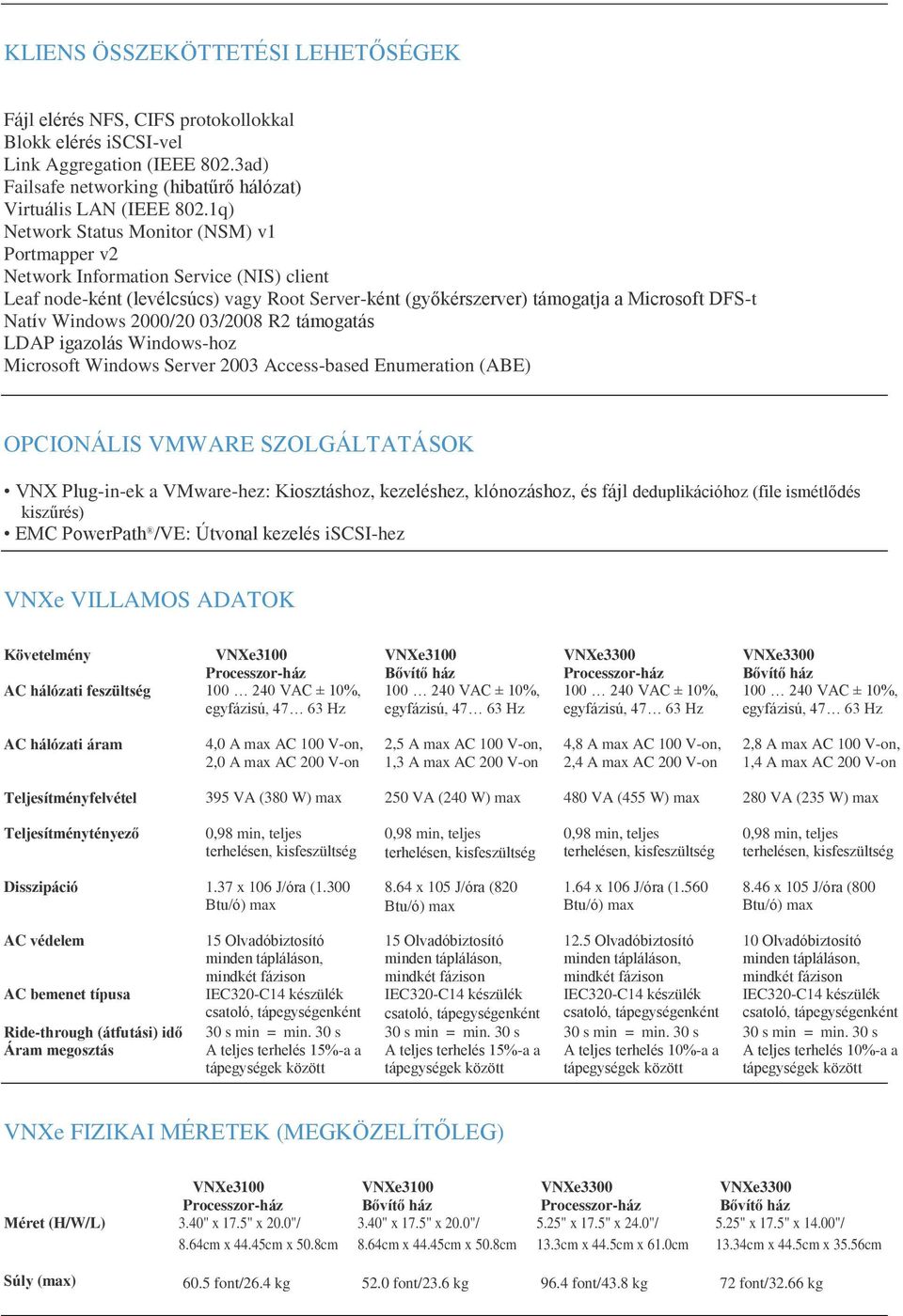 2000/20 03/2008 R2 támogatás LDAP igazolás Windows-hoz Microsoft Windows Server 2003 Access-based Enumeration (ABE) OPCIONÁLIS VMWARE SZOLGÁLTATÁSOK VNX Plug-in-ek a VMware-hez: Kiosztáshoz,