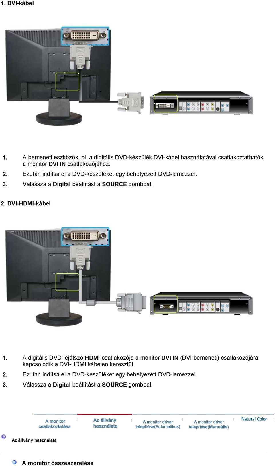 A digitális DVD-lejátszó HDMI-csatlakozója a monitor DVI IN (DVI bemeneti) csatlakozójára kapcsolódik a DVI-HDMI kábelen keresztül. 2.