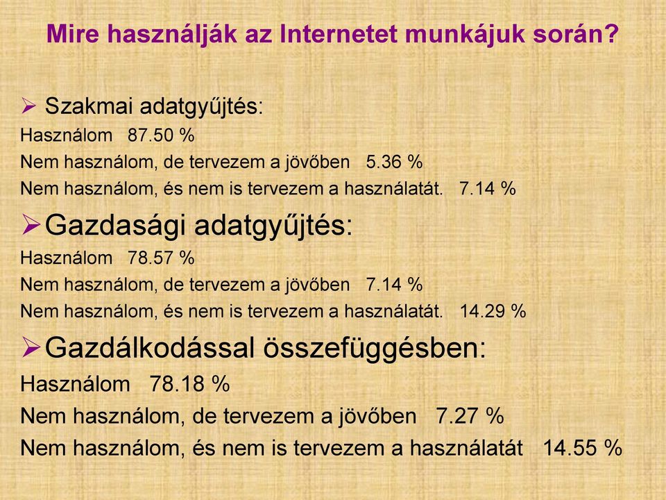 14 % Gazdasági adatgyűjtés: Használom 78.57 % Nem használom, de tervezem a jövőben 7.