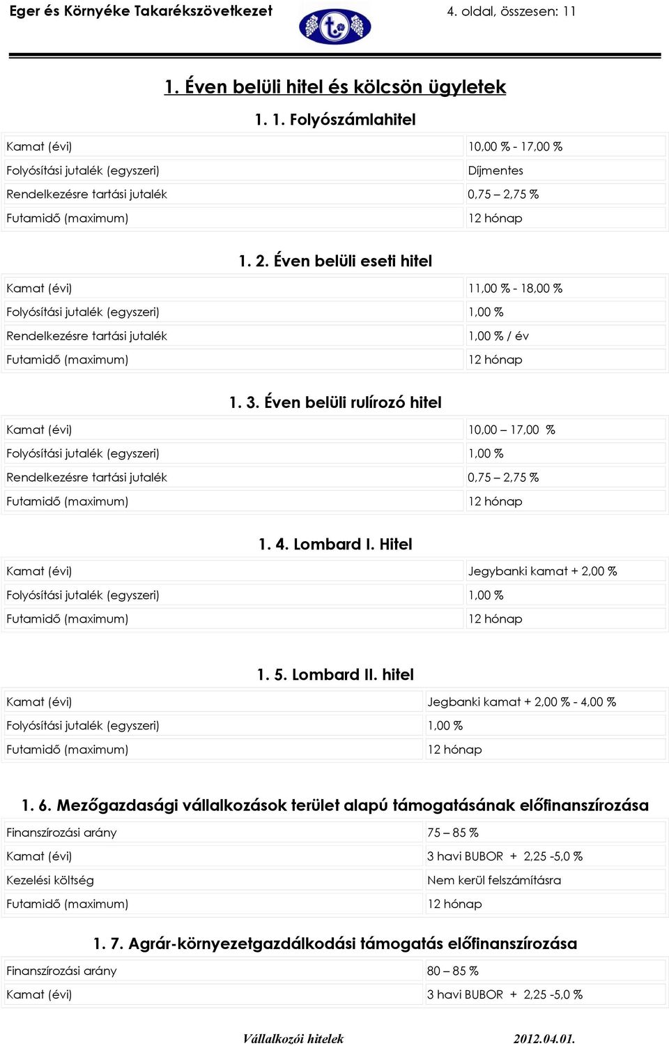 Éven belüli rulírozó hitel Kamat (évi) 10,00 17,00 % Rendelkezésre tartási jutalék 0,75 2,75 % 1. 4. Lombard I. Hitel Kamat (évi) Jegybanki kamat + 2,00 % 1. 5. Lombard II.