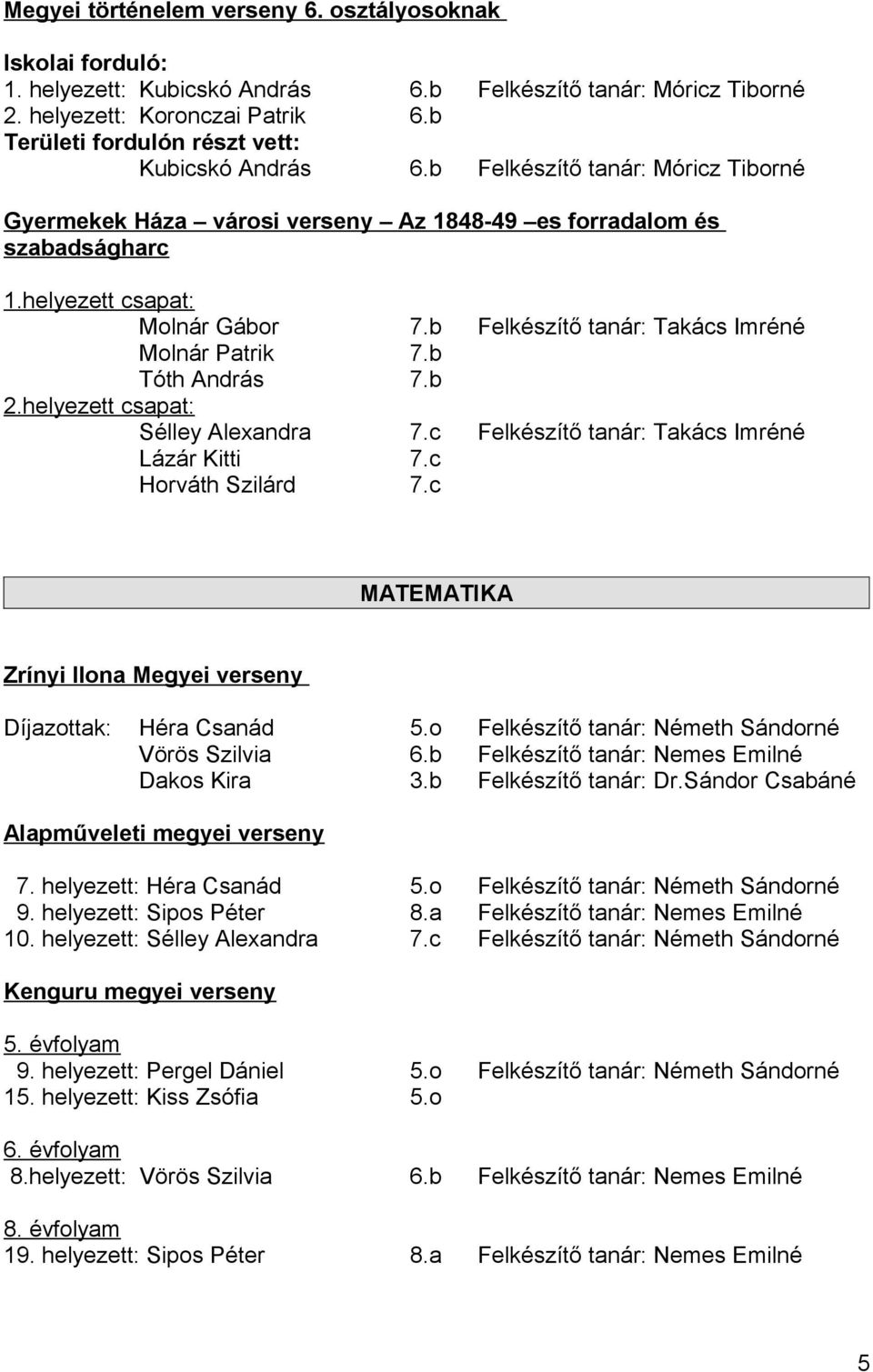 b Felkészítő tanár: Takács Imréné Molnár Patrik 7.b Tóth András 7.b 2.helyezett csapat: Sélley Alexandra 7.c Felkészítő tanár: Takács Imréné Lázár Kitti 7.c Horváth Szilárd 7.