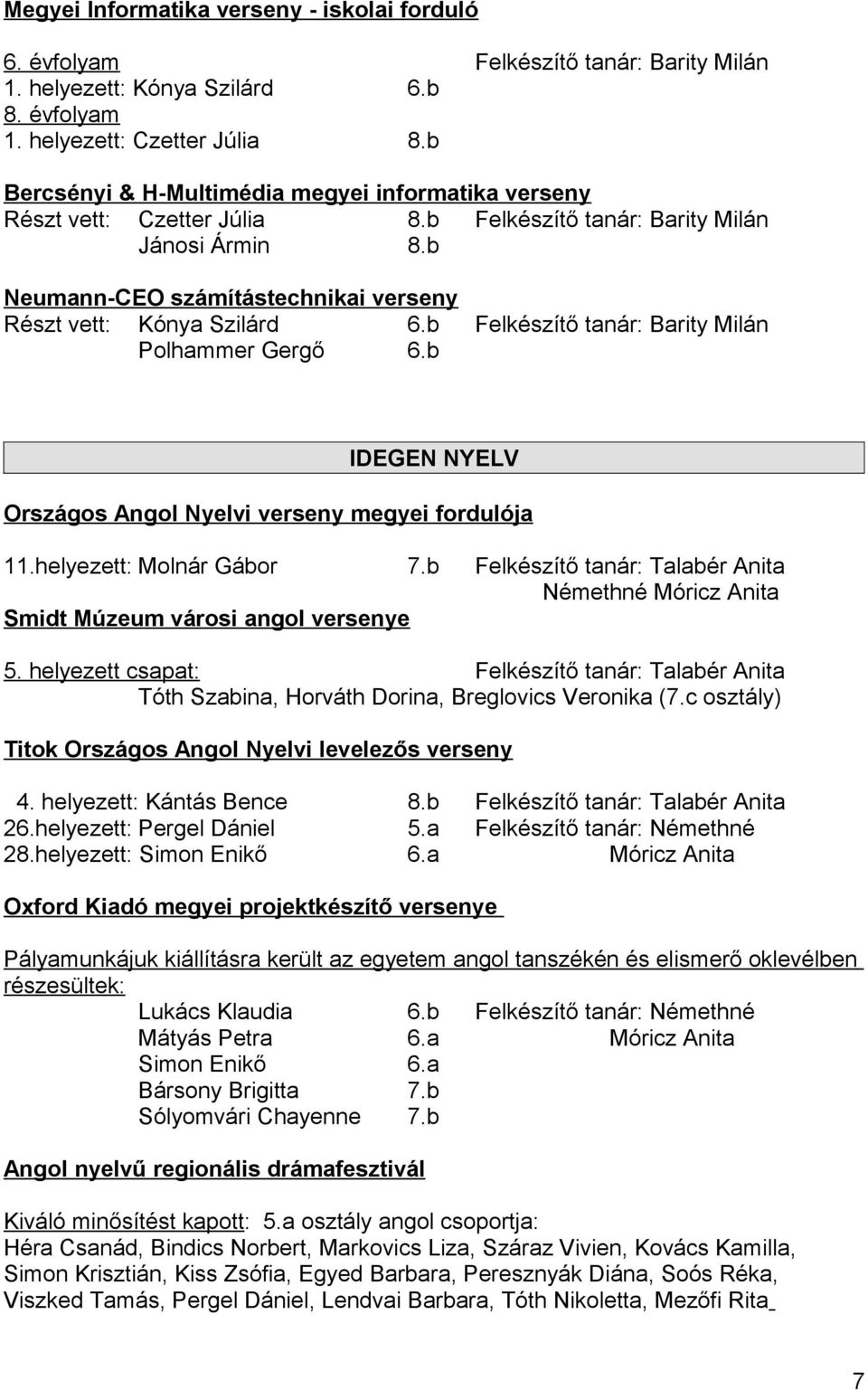 b Felkészítő tanár: Barity Milán Polhammer Gergő 6.b IDEGEN NYELV Országos Angol Nyelvi verseny megyei fordulója 11.helyezett: Molnár Gábor 7.