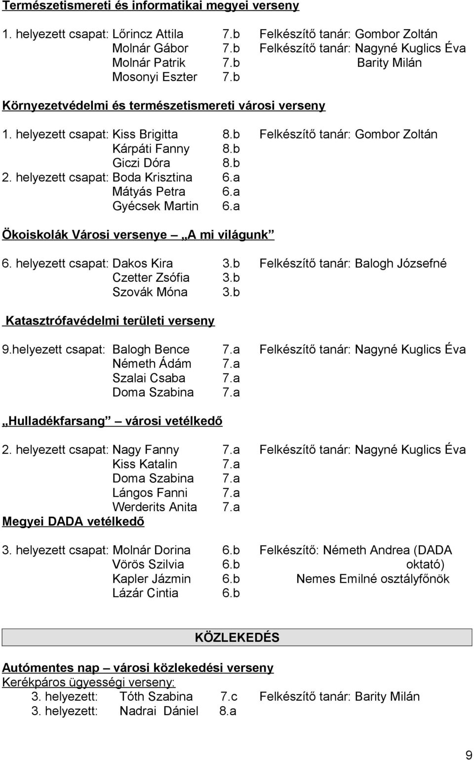 helyezett csapat: Boda Krisztina 6.a Mátyás Petra 6.a Gyécsek Martin 6.a Ökoiskolák Városi versenye A mi világunk 6. helyezett csapat: Dakos Kira 3.