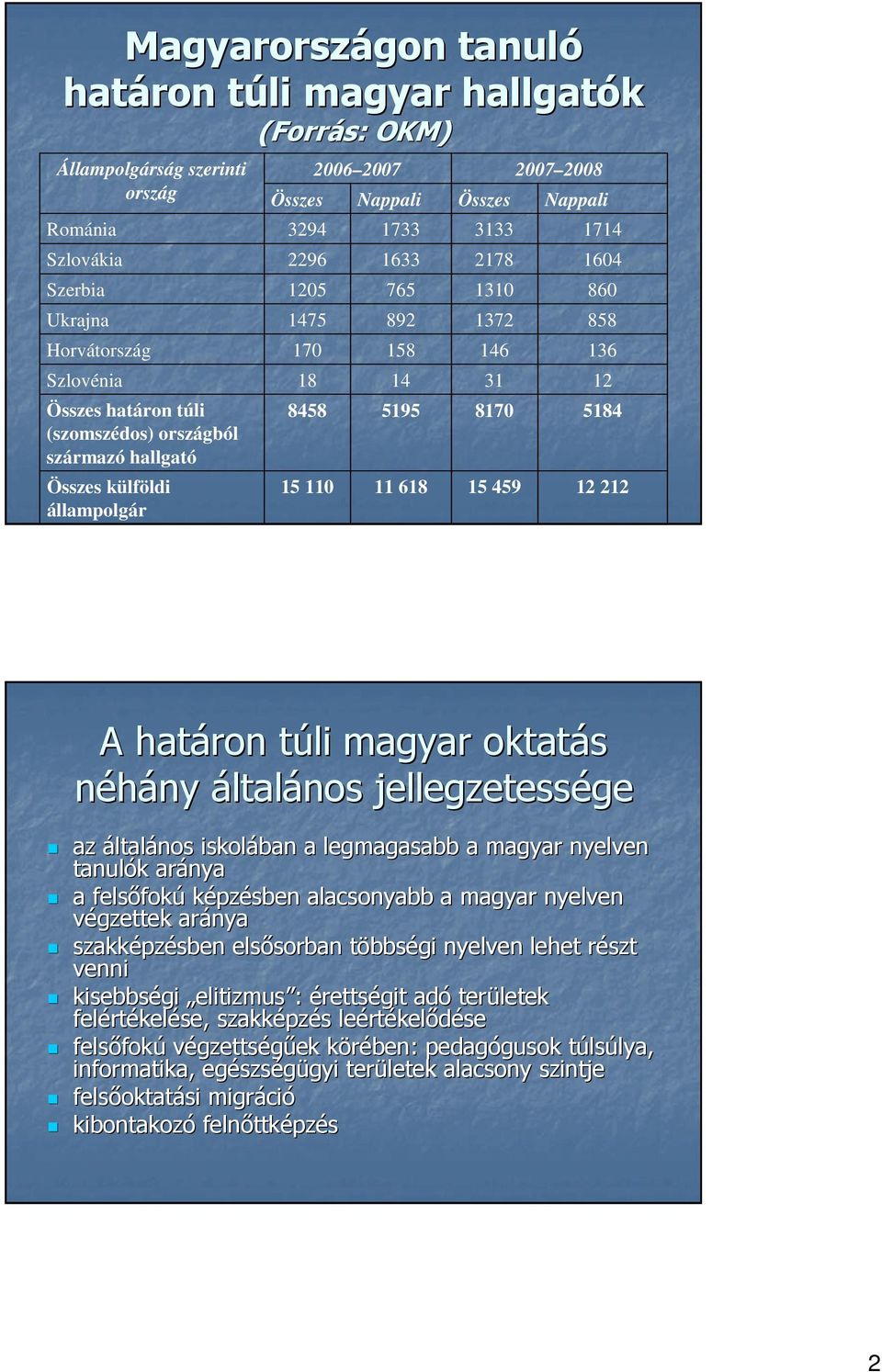 2007 2008 Nappali 1714 1604 860 858 136 12 5184 12 212 A határon túli t magyar oktatás néhány ny általános jellegzetessége ge az általános iskolában a legmagasabb a magyar nyelven tanulók k aránya a