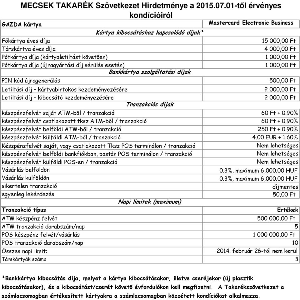 90% készpénzfelvét csatlakozott tksz ATM-ből / tranzakció 60 Ft + 0.90% készpénzfelvét belföldi ATM-ből / tranzakció 250 Ft + 0.90% készpénzfelvét külföldi ATM-ből / tranzakció 4.00 EUR + 1.