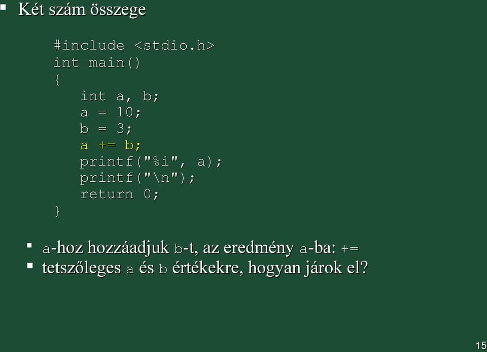 hozzáadjuk b-t, az eredmény a-ba: +=