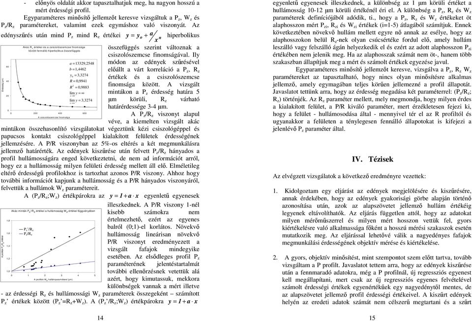 Az edényszrés után mind P z mind R z értékei y = y + a hiperboikus Érdesség (µm) 14 o x összefüggés szerint vátoznak a csiszoószemcse finomságáva.