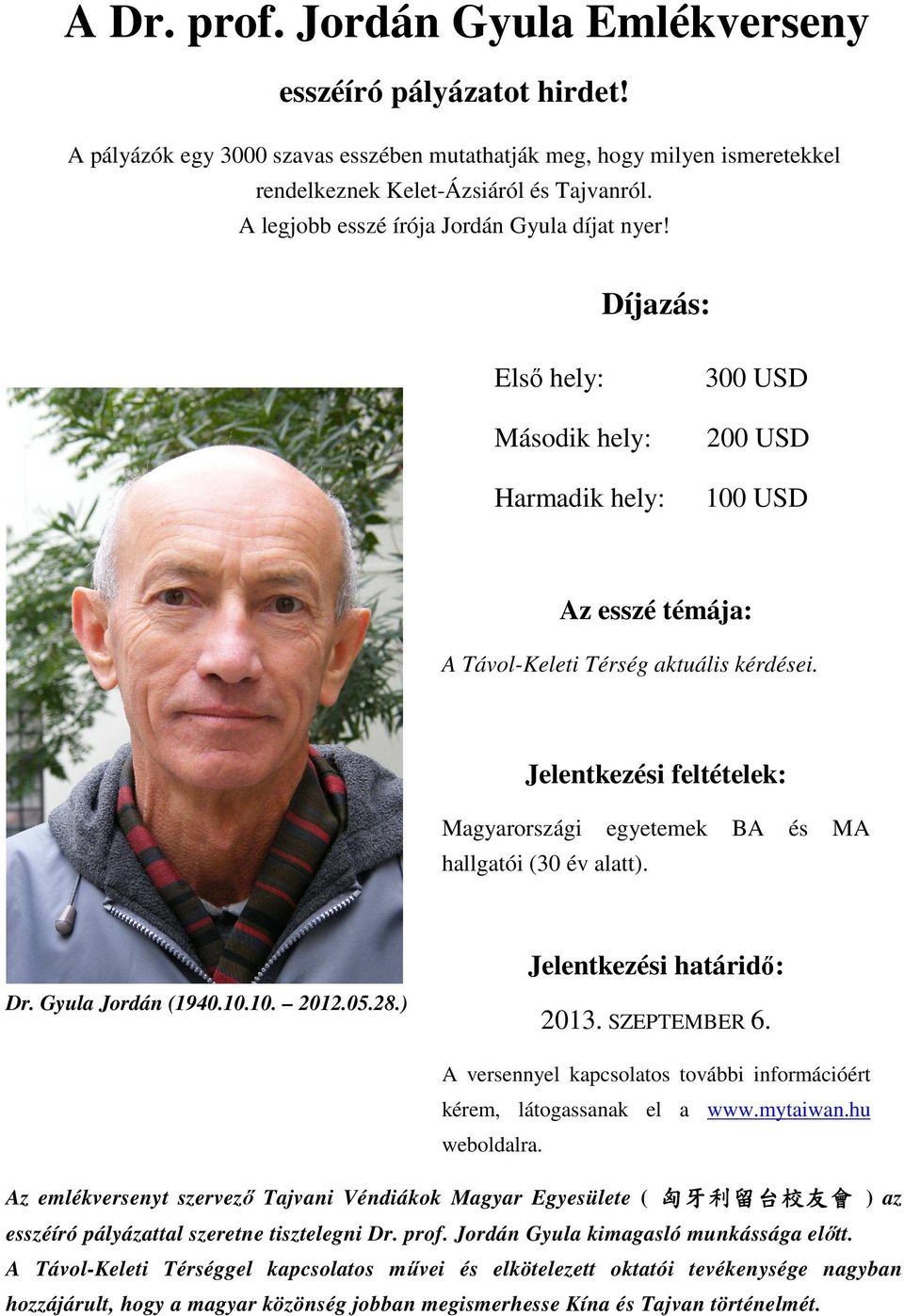 Jelentkezési feltételek: Magyarországi egyetemek BA és MA hallgatói (30 év alatt). Dr. Gyula Jordán (1940.10.10. 2012.05.28.) Jelentkezési határidő: 2013. SZEPTEMBER 6.