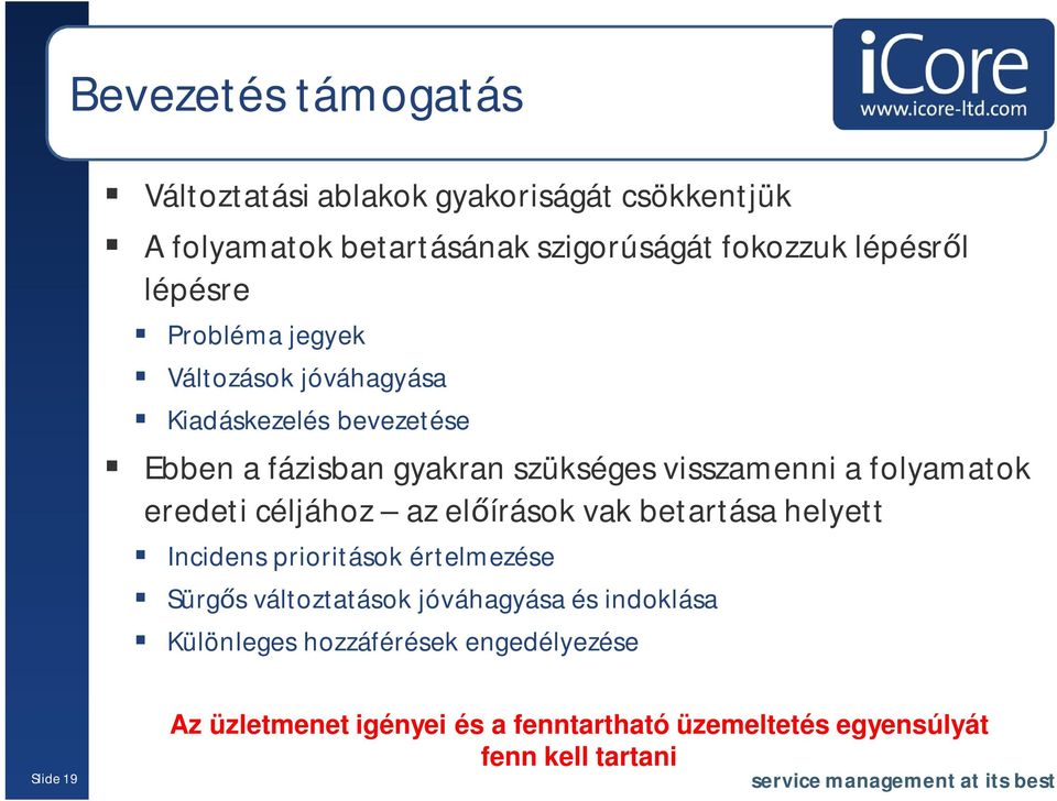 folyamatok eredeti céljához az elírások vak betartása helyett Incidens prioritások értelmezése Sürgs változtatások jóváhagyása