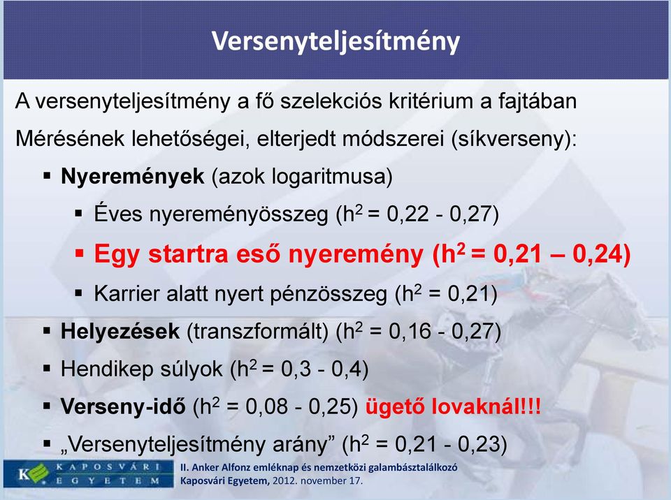nyeremény (h 2 = 0,21 0,24) Karrier alatt nyert pénzösszeg (h 2 = 0,21) Helyezések (transzformált) (h 2 =