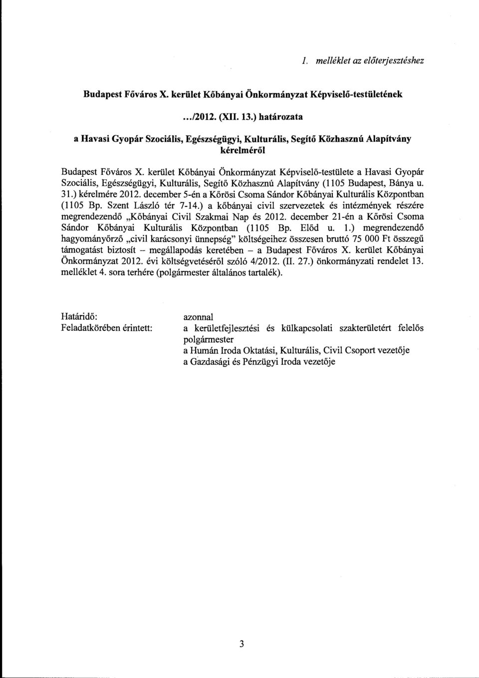 kerület Kőbányai Önkormányzat Képviselő-testülete a Havasi Gyopár Szociális, Egészségügyi, Kulturális, Segítő Közhasznú Alapítvány (1105 Budapest, Bánya u. 31.) kérelmére 2012.