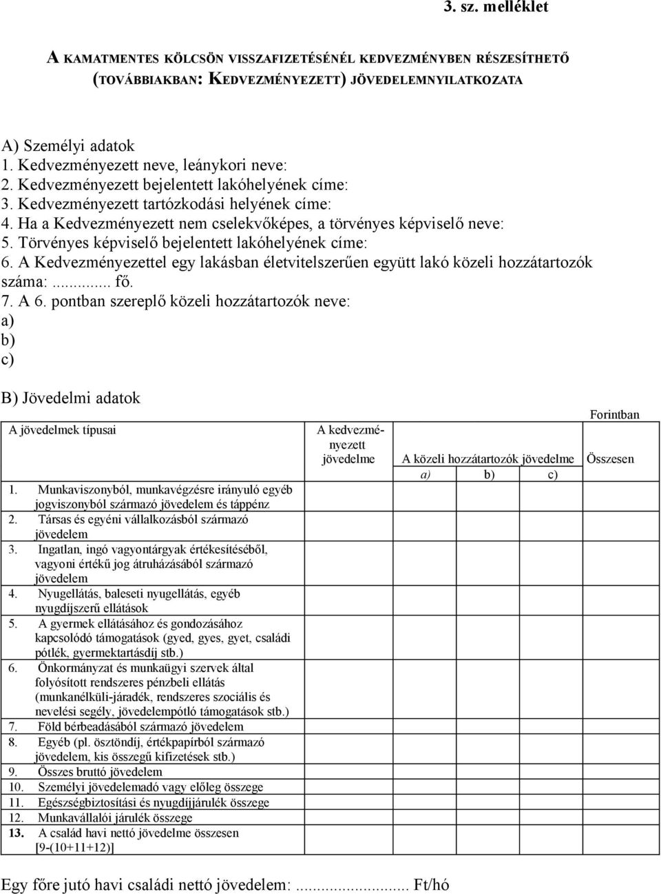 Törvényes képviselő bejelentett lakóhelyének címe: 6. A Kedvezményezettel egy lakásban életvitelszerűen együtt lakó közeli hozzátartozók száma:... fő. 7. A 6.