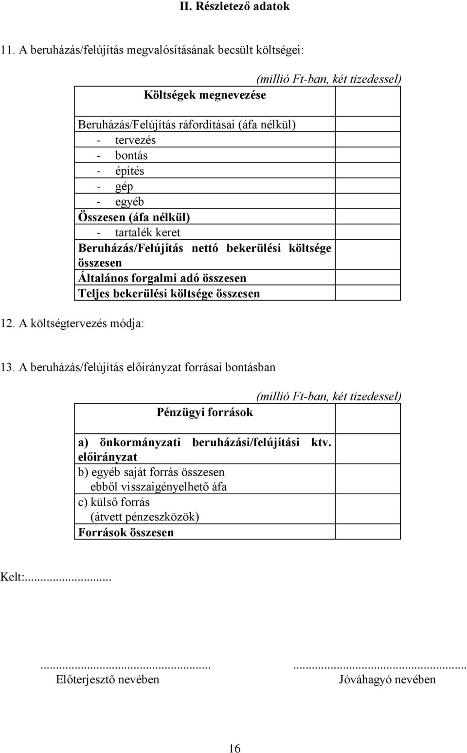 nélkül) - tartalék keret Beruházás/Felújítás nettó bekerülési költsége összesen Általános forgalmi adó összesen Teljes bekerülési költsége összesen 13.