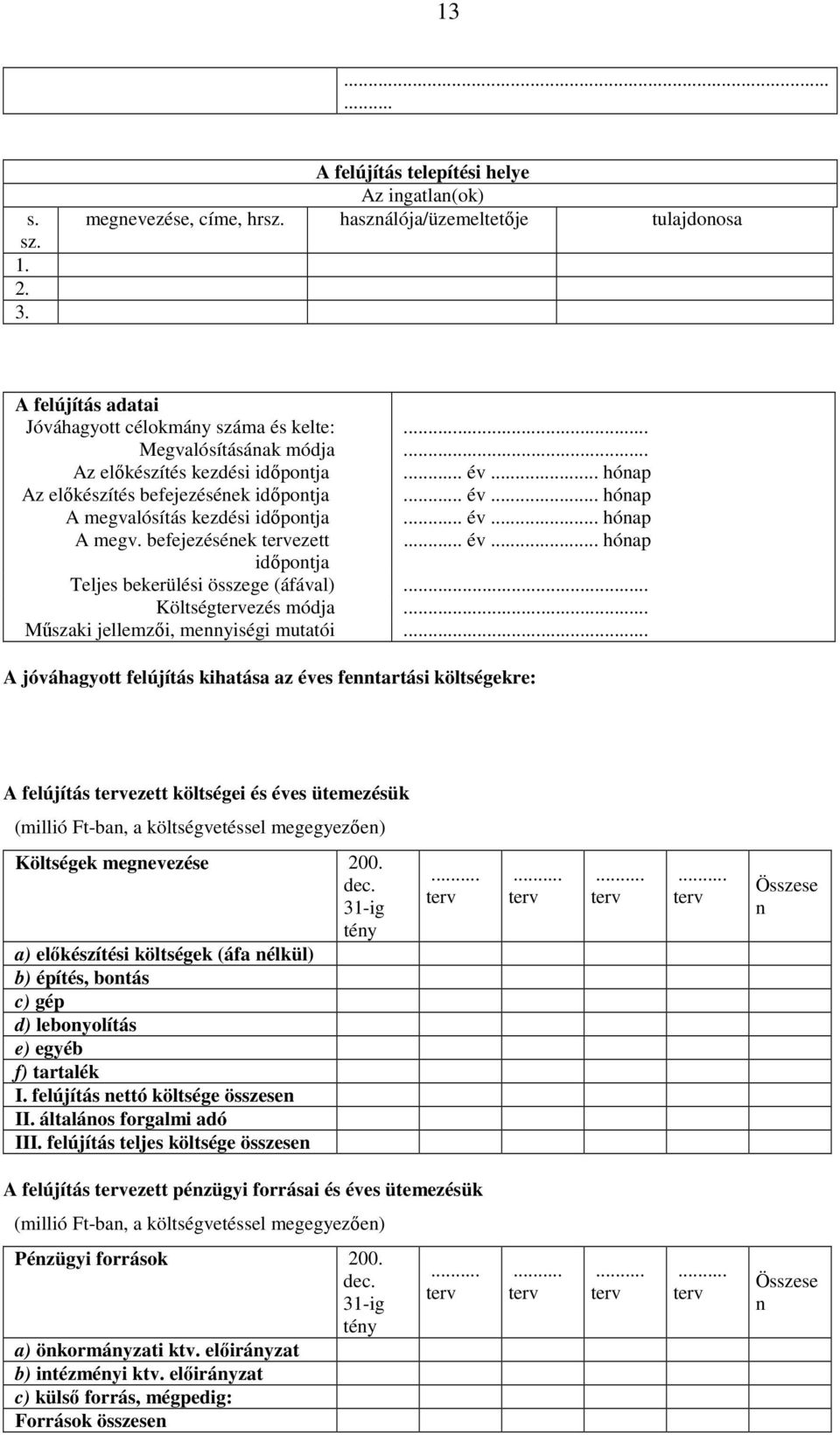 . év.. hóap A megv. befejezéséek ezett.. év.. hóap időpotja Teljes bekerülési összege (áfával) Költségezés módja Műszaki jellemzői, meyiségi mutatói A jóváhagyott felújítás kihatása az éves fetartási