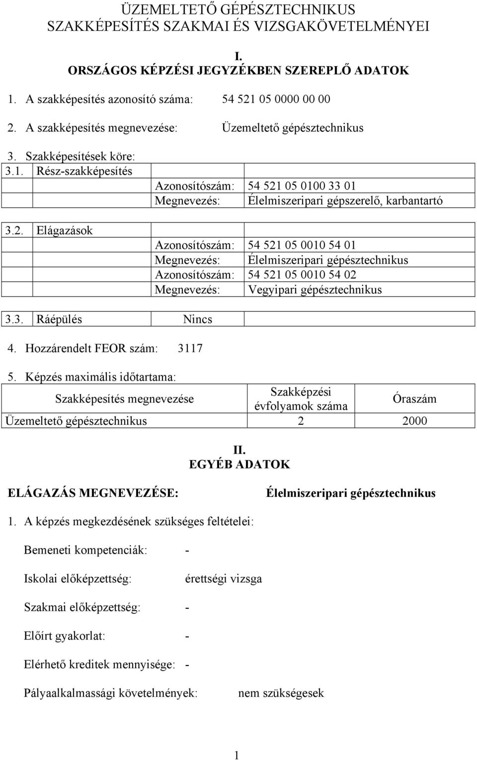 Elágazások zonosítószám: 54 521 05 0100 33 01 Megnevezés: Élelmiszeripari gépszerelő, karbantartó zonosítószám: 54 521 05 0010 54 01 Megnevezés: Élelmiszeripari gépésztechnikus zonosítószám: 54 521