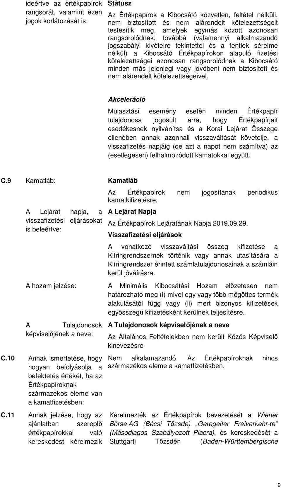 kötelezettségei azonosan rangsorolódnak a Kibocsátó minden más jelenlegi vagy jövőbeni nem biztosított és nem alárendelt kötelezettségeivel.