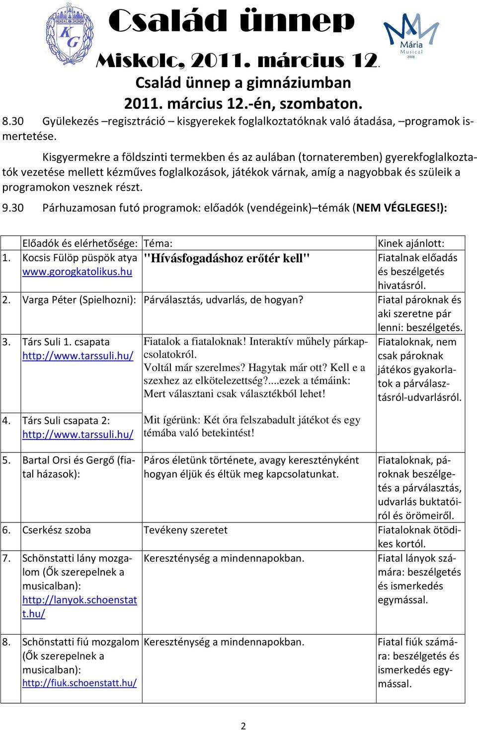 9.30 Párhuzamosan futó programok: előadók (vendégeink) témák (NEM VÉGLEGES!): Előadók és elérhetősége: Téma: 1. Kocsis Fülöp püspök atya "Hívásfogadáshoz erıtér kell" www.gorogkatolikus.