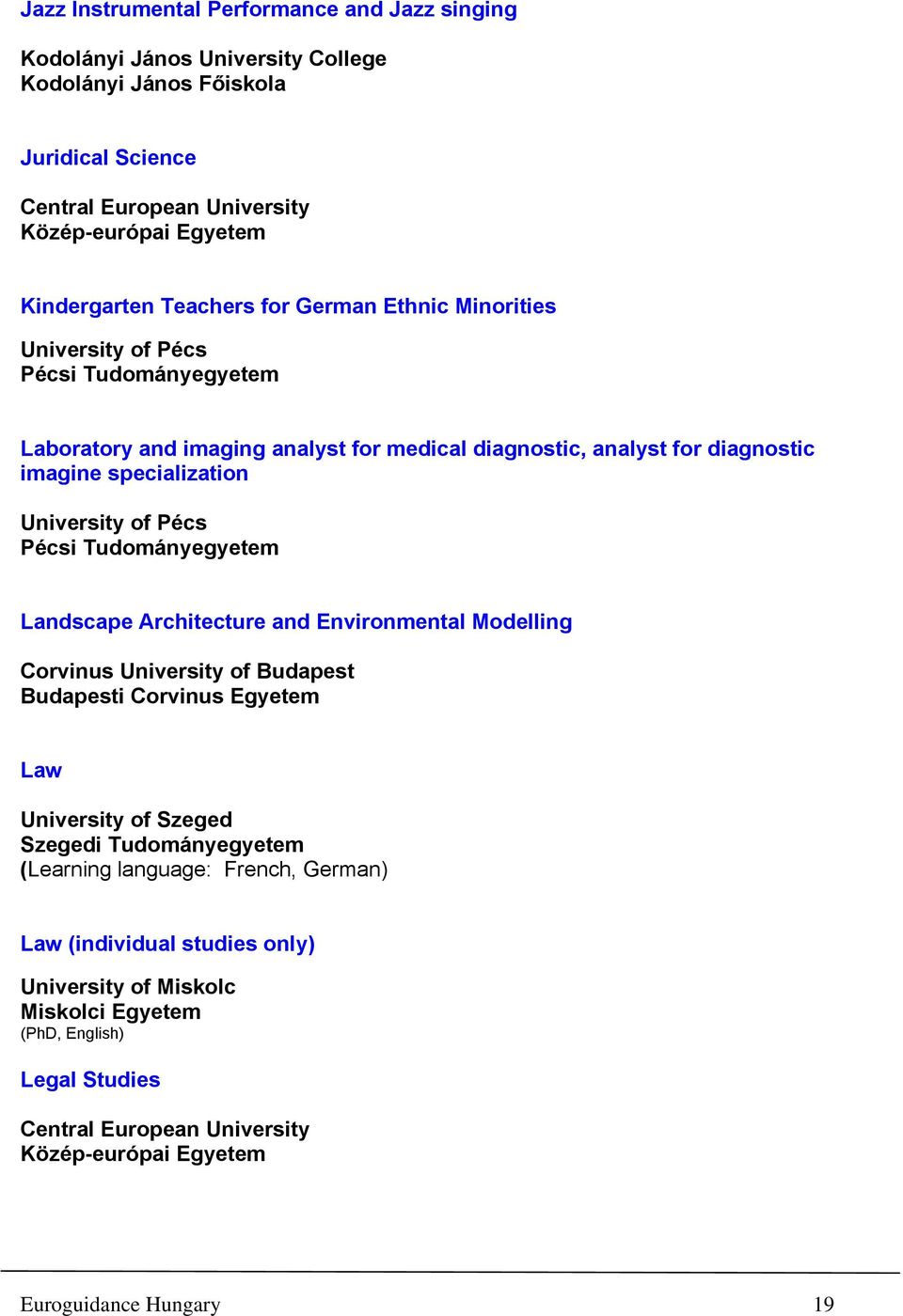 Pécs Pécsi Tudományegyetem Landscape Architecture and Environmental Modelling Corvinus University of Budapest Budapesti Corvinus Egyetem Law University of Szeged