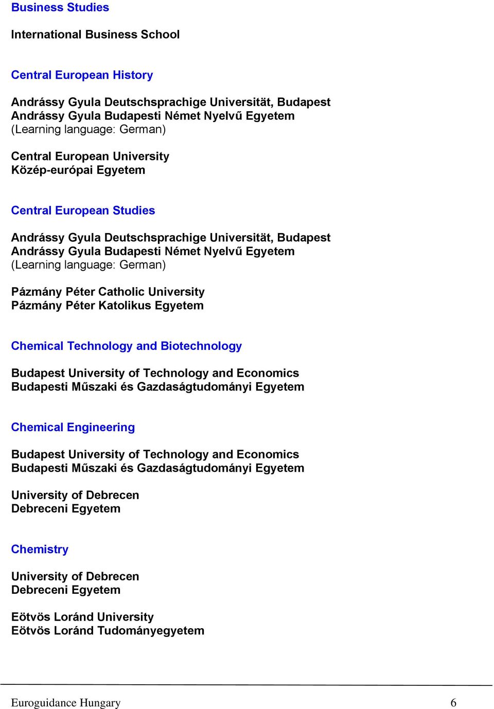 German) Pázmány Péter Catholic University Pázmány Péter Katolikus Egyetem Chemical Technology and Biotechnology Budapest University of Technology and Economics Budapesti