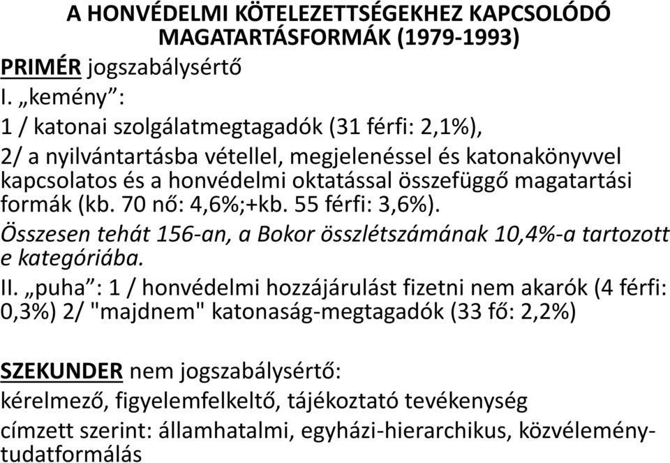 magatartási formák (kb. 70 nő: 4,6%;+kb. 55 férfi: 3,6%). Összesen tehát 156-an, a Bokor összlétszámának 10,4%-a tartozott e kategóriába. II.