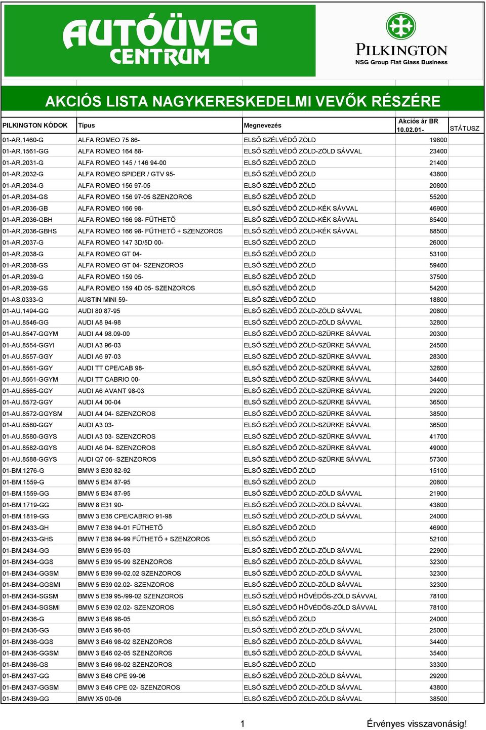 2036-GB ALFA ROMEO 166 98- ELSŐ SZÉLVÉDŐ ZÖLD-KÉK SÁVVAL 46900 01-AR.2036-GBH ALFA ROMEO 166 98- FŰTHETŐ ELSŐ SZÉLVÉDŐ ZÖLD-KÉK SÁVVAL 85400 01-AR.