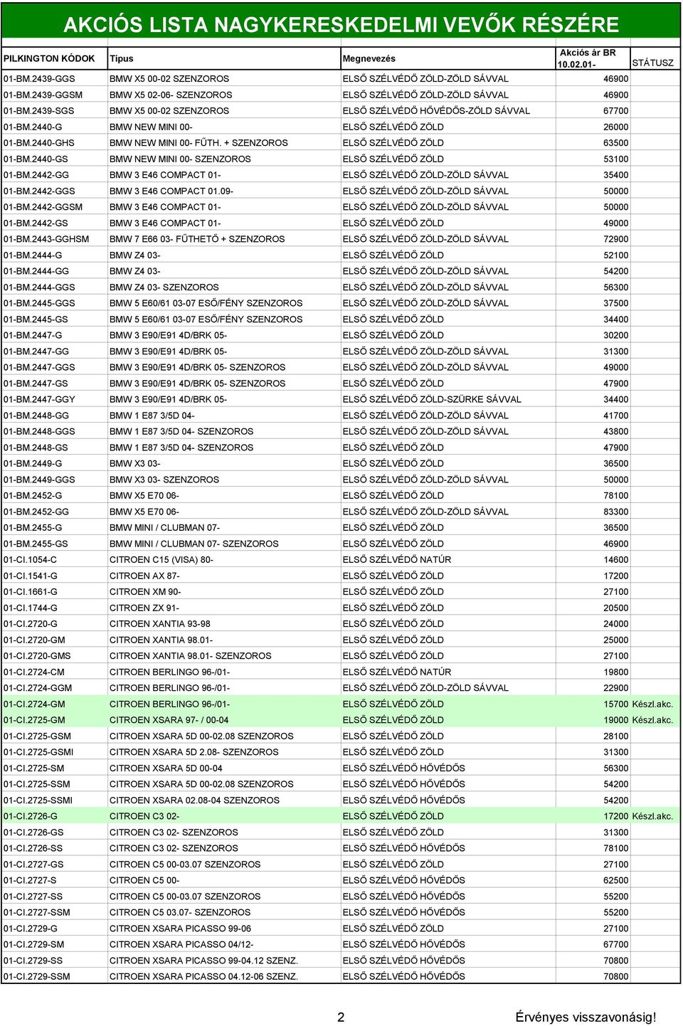 + SZENZOROS ELSŐ SZÉLVÉDŐ ZÖLD 63500 01-BM.2440-GS BMW NEW MINI 00- SZENZOROS ELSŐ SZÉLVÉDŐ ZÖLD 53100 01-BM.2442-GG BMW 3 E46 COMPACT 01- ELSŐ SZÉLVÉDŐ ZÖLD-ZÖLD SÁVVAL 35400 01-BM.