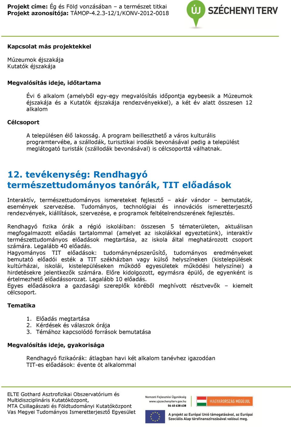 A program beilleszthető a város kulturális programtervébe, a szállodák, turisztikai irodák bevonásával pedig a települést meglátogató turisták (szállodák bevonásával) is célcsoporttá válhatnak. 12.