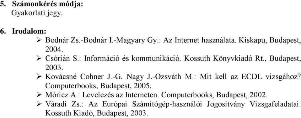 Kovácsné Cohner J.-G. Nagy J.-Ozsváth M.: Mit kell az ECDL vizsgához? Computerbooks, Budapest, 2005. Móricz A.