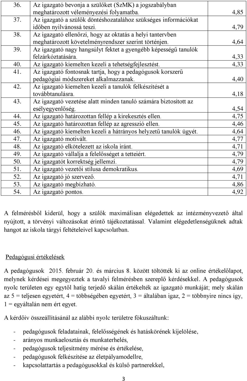 Az igazgató nagy hangsúlyt fektet a gyengébb képességű tanulók felzárkóztatására. 4,33 40. Az igazgató kiemelten kezeli a tehetségfejlesztést. 4,33 41.