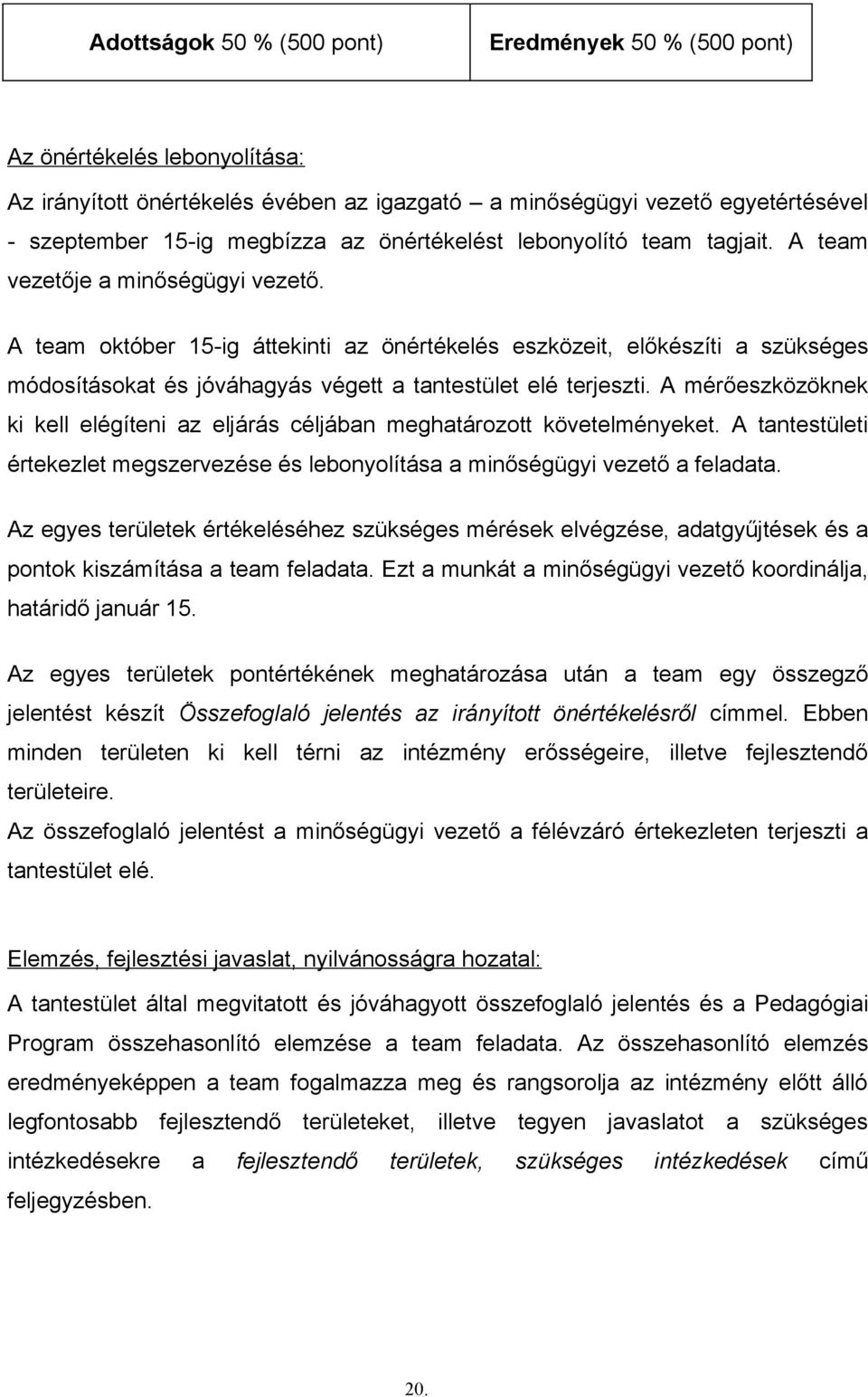 A team október 15-ig áttekinti az önértékelés eszközeit, előkészíti a szükséges módosításokat és jóváhagyás végett a tantestület elé terjeszti.