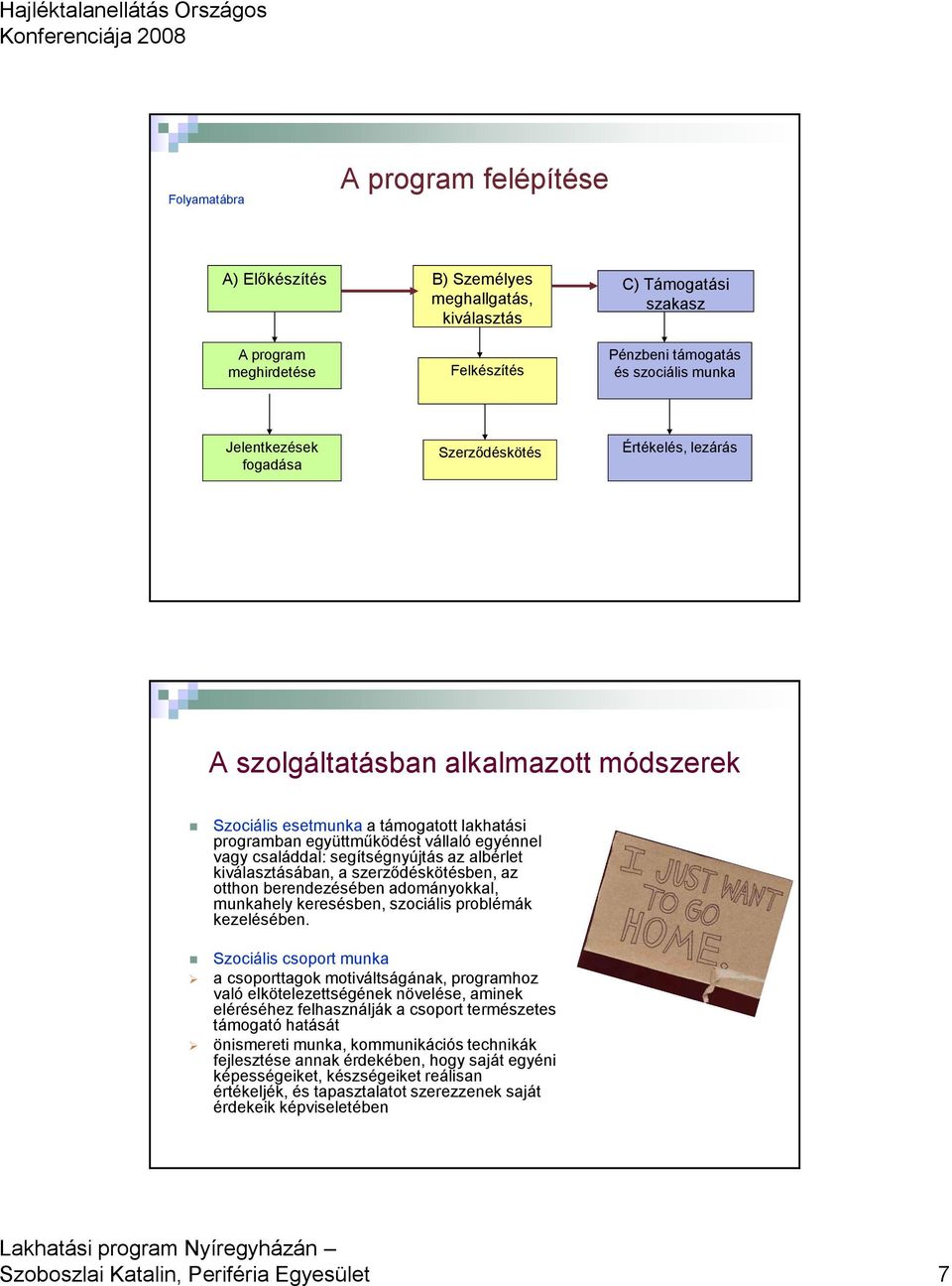 segítségnyújtás az albérlet kiválasztásában, a szerződéskötésben, az otthon berendezésében adományokkal, munkahely keresésben, szociális problémák kezelésében.